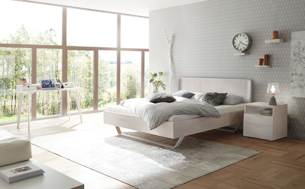 Hasena Wood-Line Bett | Premium 23 Rahmen | Slid Kufen | Obag Kopfteil | Buche weiss lasiert, lackiert