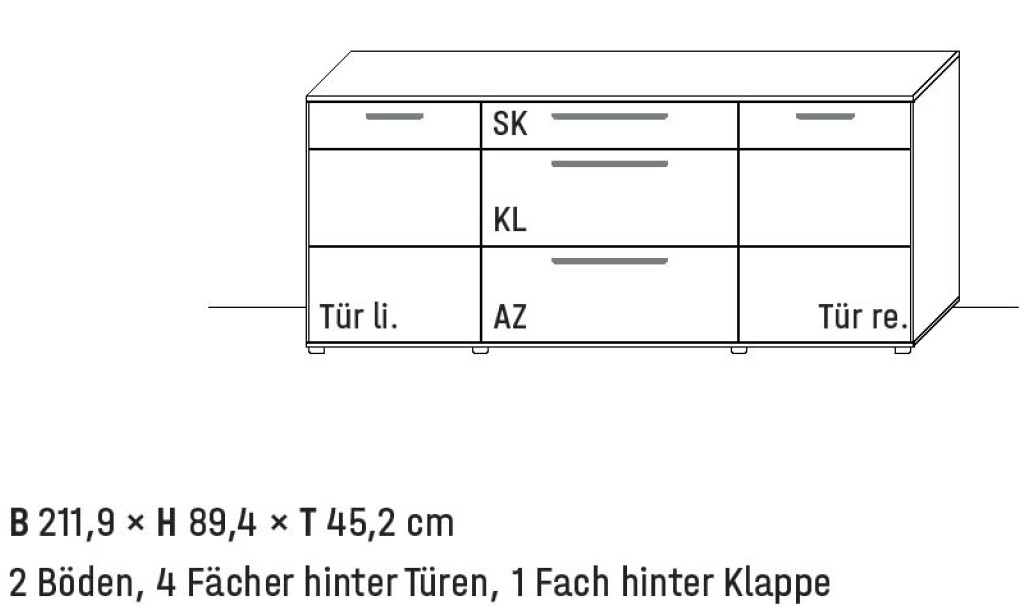 Illustration eines Sideboards mit Maßangabe und Bezeichnung vor weißem Hintergrund