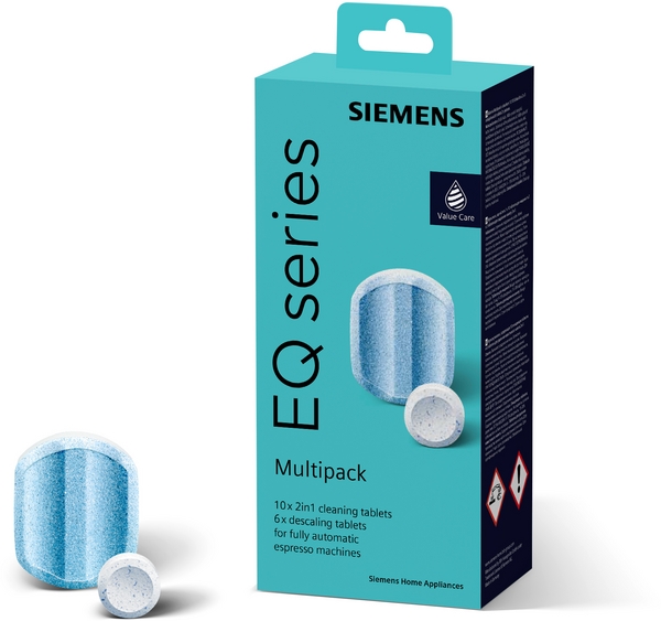 Siemens - Multipack Reiniger und Entkalker | TZ80003A Verpackung der Siemens EQ Series Reinigungstabletten Multipack mit 10 Reinigungstabs und 6 Entkalkungstabs für vollautomatische Espressomaschinen.