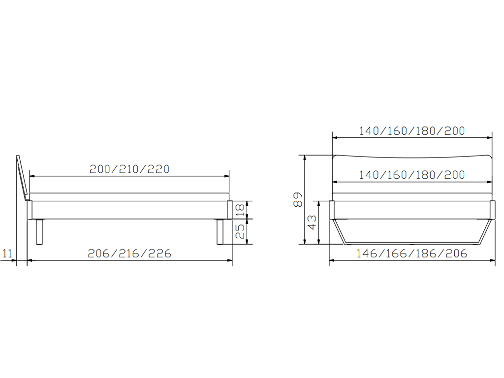 Technische Maßzeichnung des Hasena Betts Tresali, mit Seiten- und Vorderansicht und den Maßen für eine Betthöhe von 25 cm.