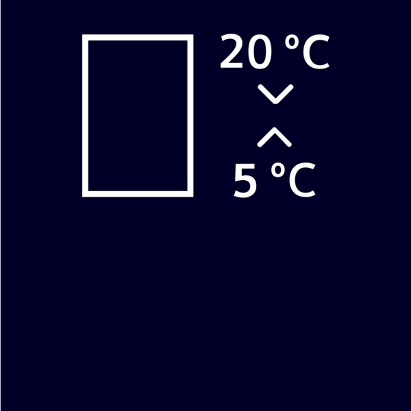 Symbolische Darstellung: Ein Temperaturbereich von 20 Grad Celsius bis 5 Grad Celsius, illustriert durch Pfeile, neben einem leeren Rechteck auf dunklem Hintergrund.