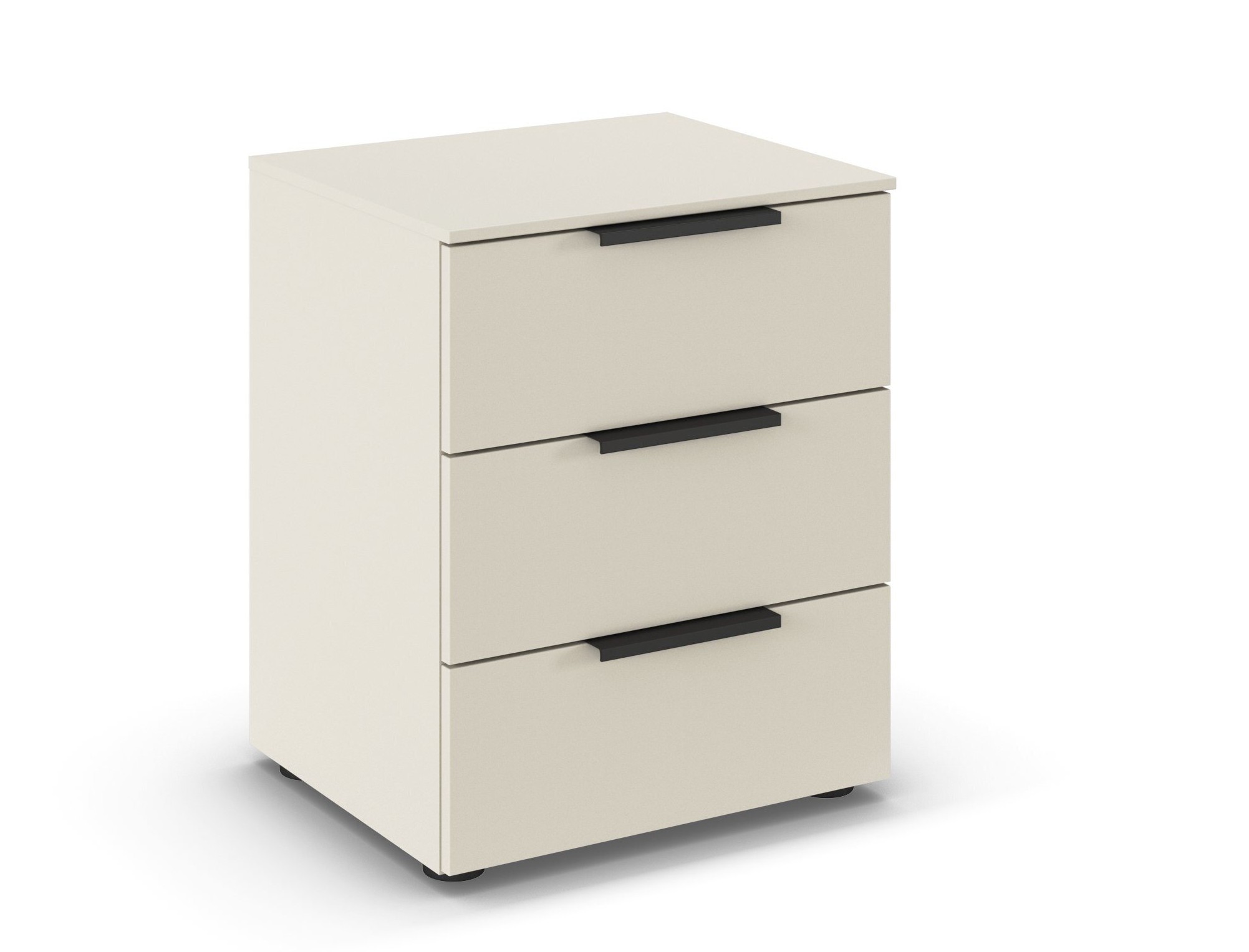 grauer Nachttisch mit drei Schubladen vor weißem Hintergrund