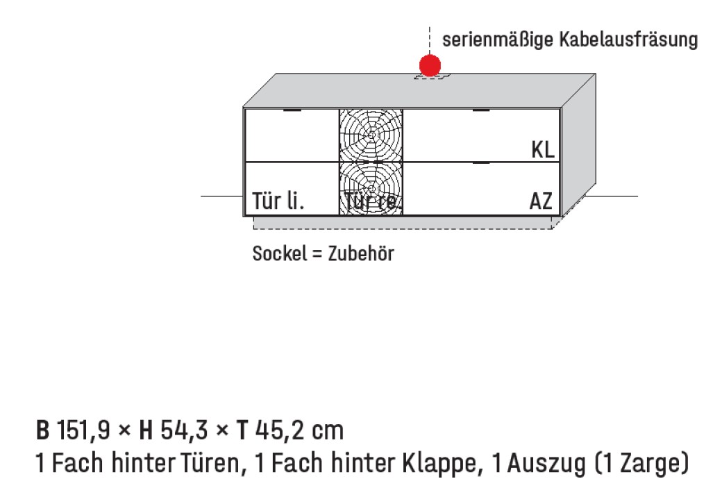 Illustration eines Lowboards und Beschriftung vor weißem Hintergrund