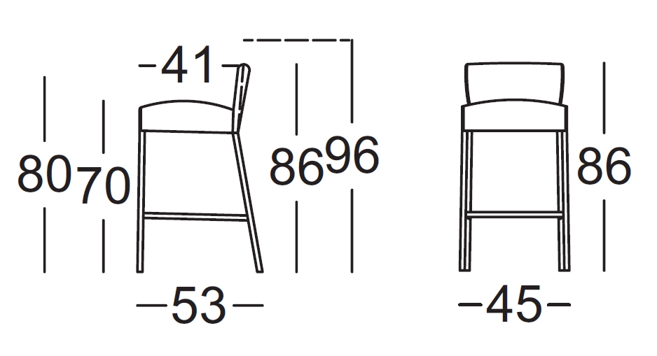 Technische Skizze eines Barhockers mit Höhen- und Breitenmaßen in Zentimetern