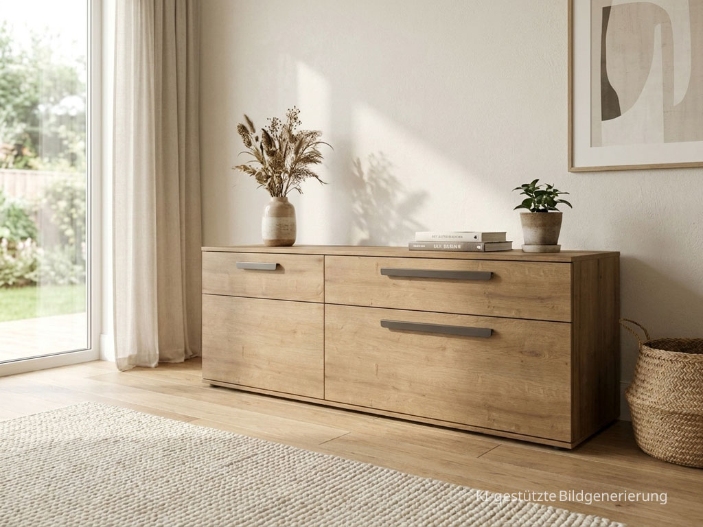 Modernes braunes Lowboard mit markanten Griffen stilvoll dekoriert in einem modernen Zimmer, Bild KI generiert