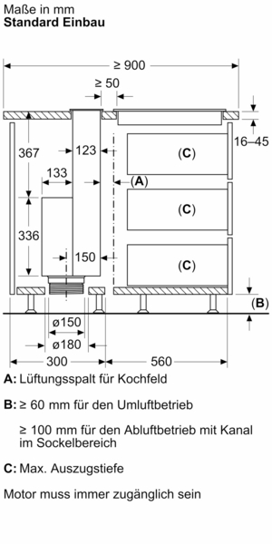 Diagramm zeigt Standard-Einbaumaße in Millimetern für ein Kochfeld und Abluftsystem, inklusive Lüftungsspalt und maximaler Auszugstiefe.