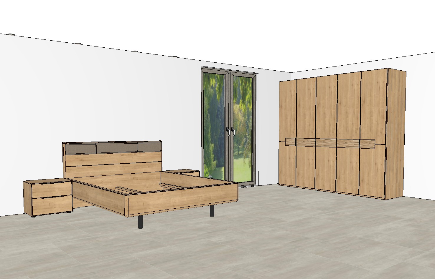 fünftüriger brauner Kleiderschrank und Bett mit Nachtschränken als Planungsbild einem modernen Raum