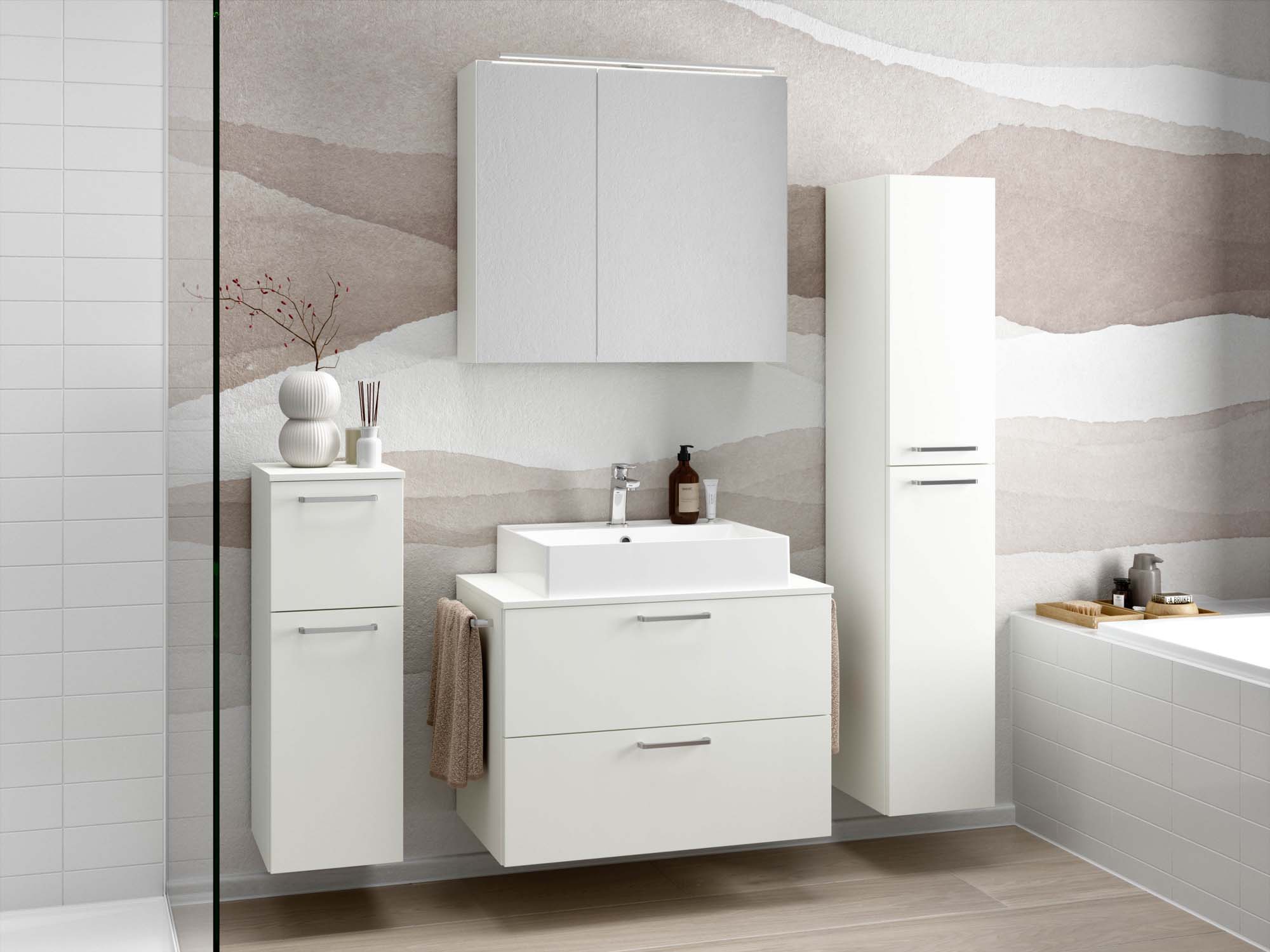Badezimmermöbel-Set 3 Schränke weiß mit Waschtisch und Spiegelschrank nobilia 