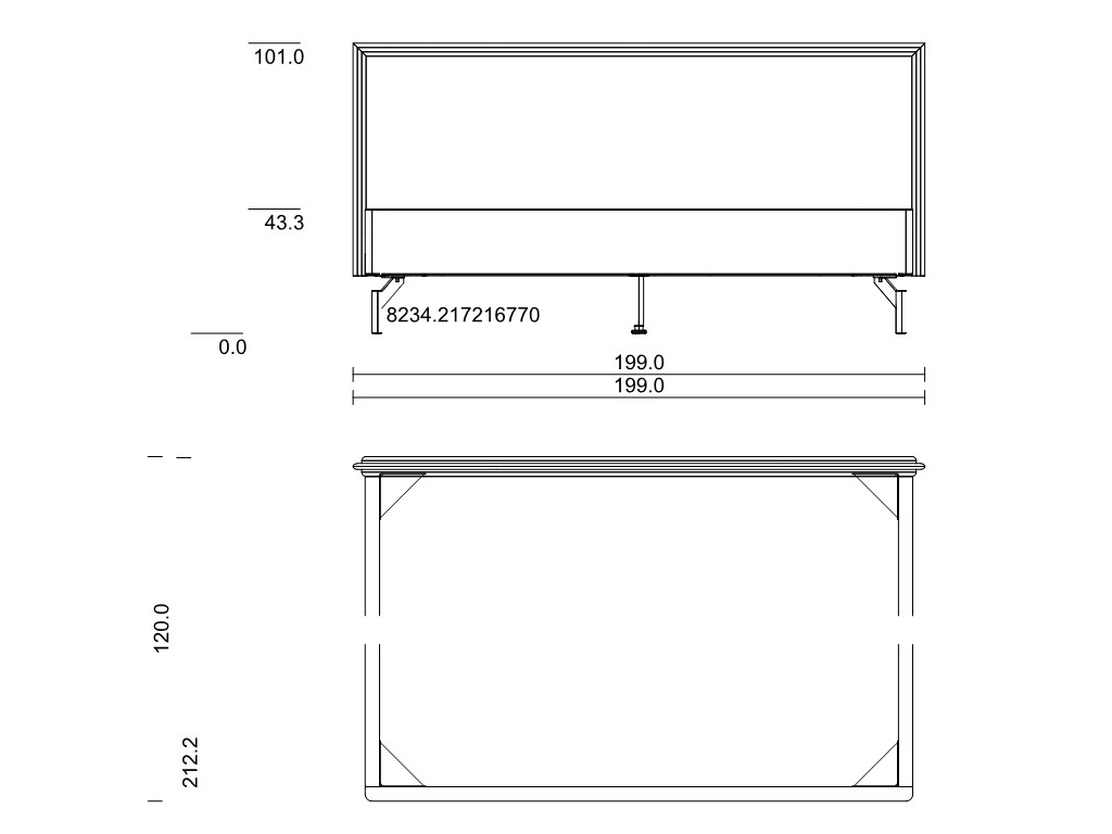 Eine technische Zeichnung, die die Maße des Bettes Marla in der Größe 180x200 cm aus der Vorder- und Seitenansicht darstellt.