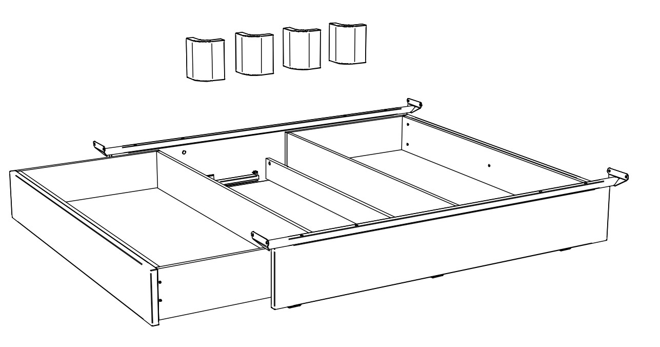 Illustration eines Bettkastens mit zwei Schubladen und extra freigestellten Füßen vor weißem Hintergrund