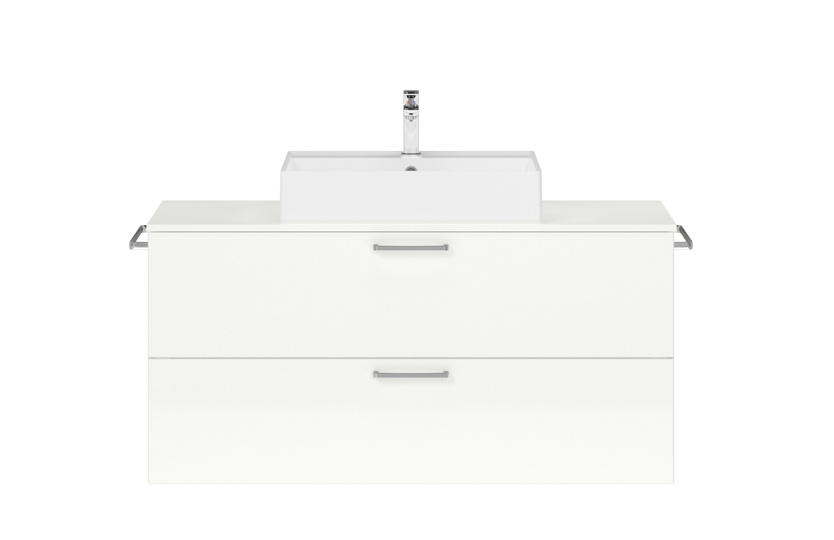 Badschrank weiß mit zwei Schubladen mit eckigem Aufsatzwaschbecken Handtuchhaltern und Armatur nobilia