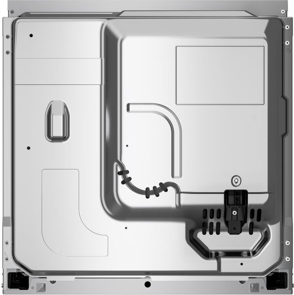 Rückseite des Backofens mit metallischer Verkleidung und technischem Anschlussbereich.