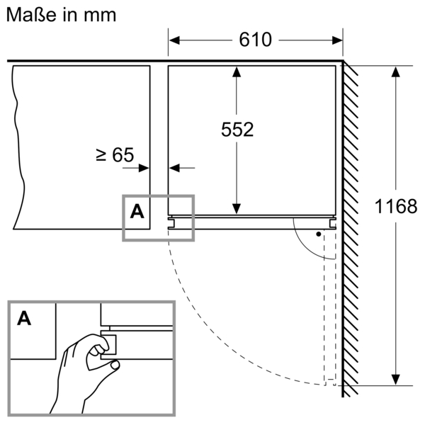 Technische Zeichnung eines Schranks mit den Maßen 610 mm Breite, 1168 mm Höhe und 552 mm Tiefe. Detail A zeigt eine Hand an einem Knauf.