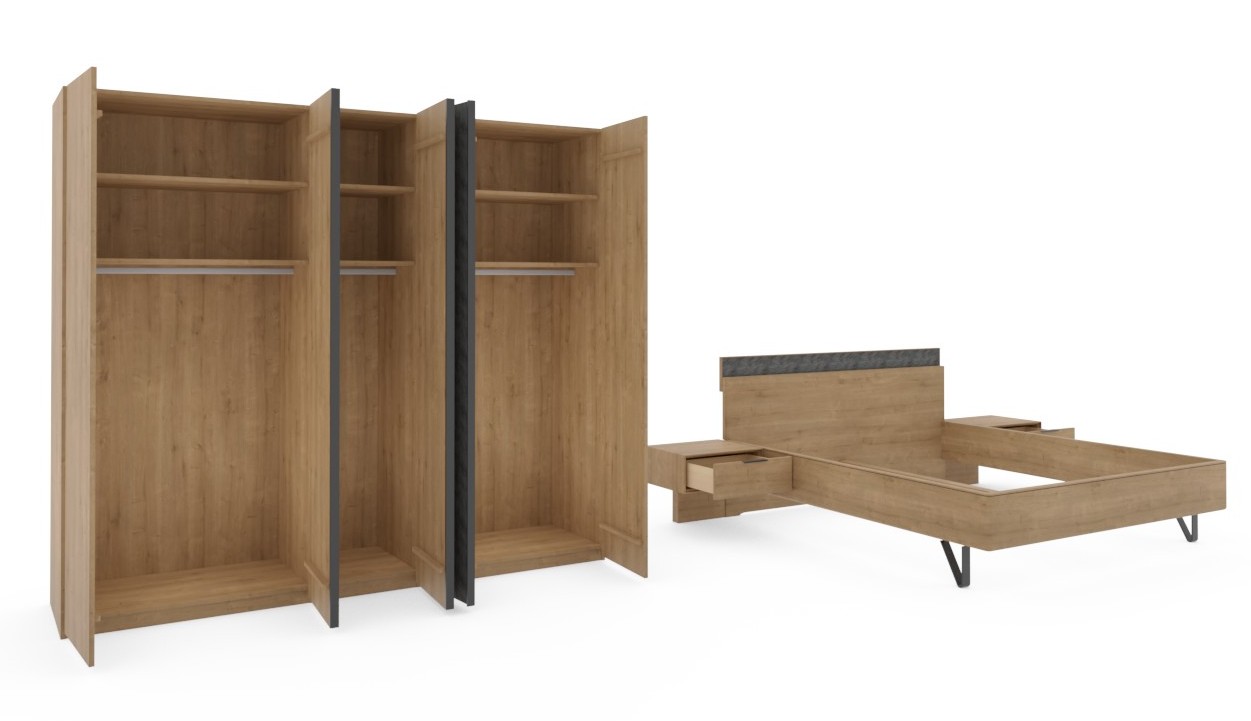 brauner geöffneter Schrank und Bett mit zwei Konsolen vor weißem Hintergrund