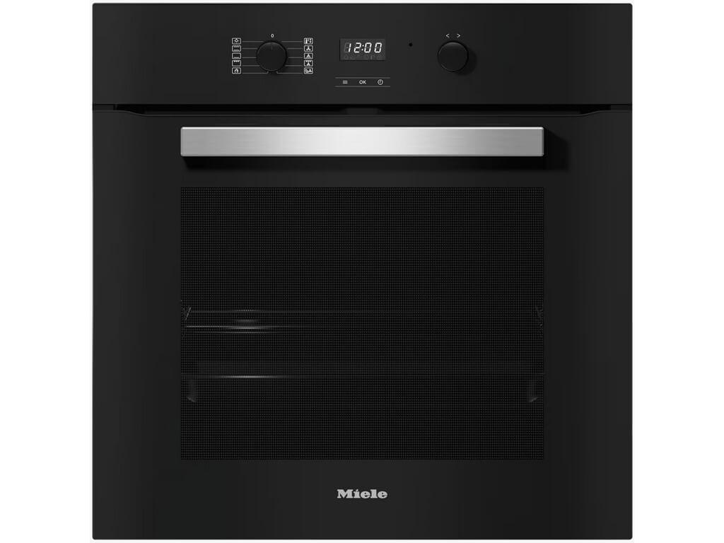Vorderansicht eines schwarzen Miele Einbau-Backofens. Das Gerät hat eine Glasfront, einen horizontalen Griff aus Edelstahl und ein Bedienfeld mit Drehknöpfen und digitaler Anzeige.