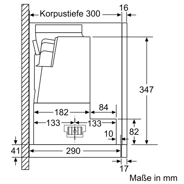 Technische Zeichnung zeigt Bemaßungen eines Einbau-Moduls mit Angaben in Millimetern, einschließlich Korpustiefe von 300 mm.