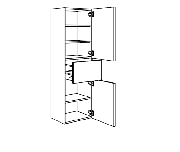 Schwarz-weiß Illustration eines Mehrzweckschranks mit offenem Design, mehreren Regalfächern und einem Schubfach
