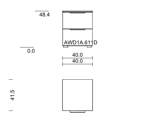 Maßzeichnung eines Nachttisches mit zwei Schubladen vor weißem Hintergrund