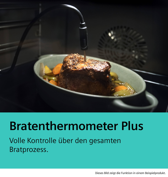 Menü in einem Backofen mit eingesteckten Bratthermometer.