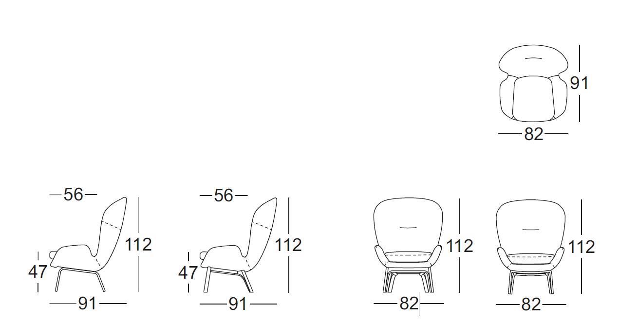Illustration von Sesselmaßen in verschiedenen Ansichten mit Höhen- und Breitenangaben in Zentimetern.