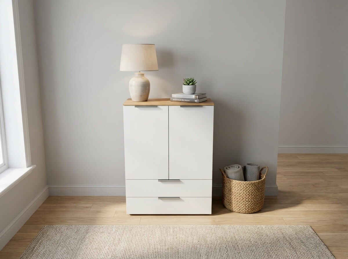 weiß braune kommode unten mit zwei schubladen und darüber zwei drehtüren mit schwarzen griffen stilvoll dekoriert in einem modernen raum