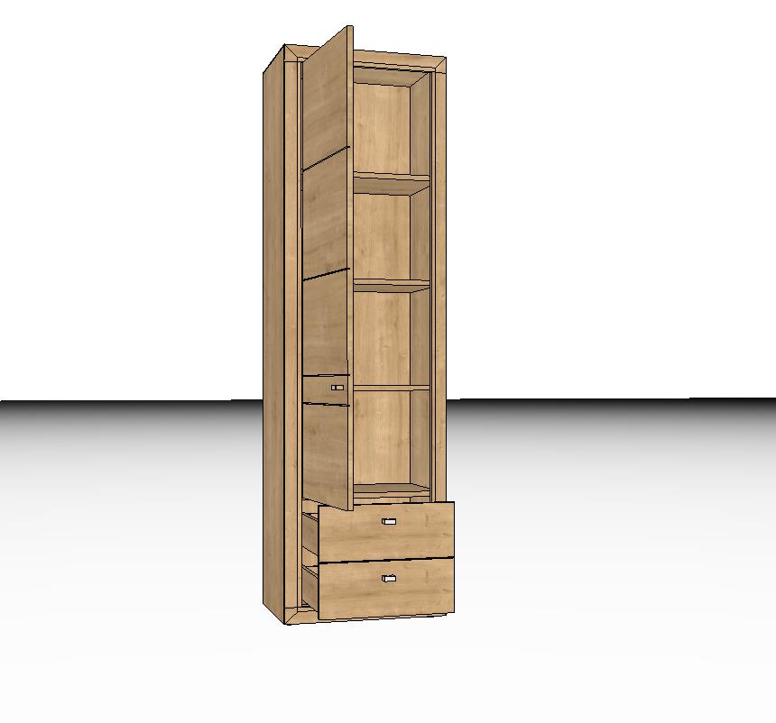 Illustration eines schmalen Holzschranks mit offenen Regalen und Schubladen, ideal für kompakte Aufbewahrungslösungen.