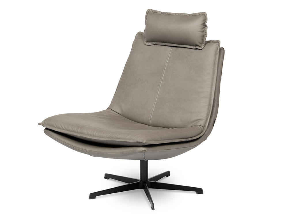 Grauer Drehsessel mit Kopfstütze auf schwarzem Fußgestell