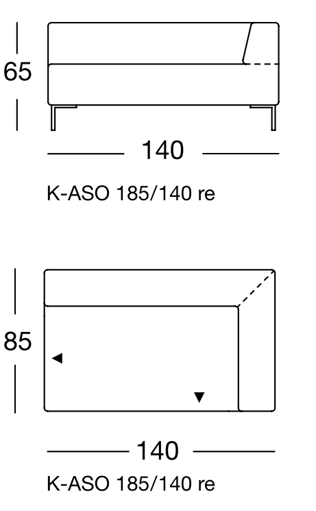 Maßzeichnung eines Sofaelements vor weißem Hintergrund freistil Rolf Benz 185