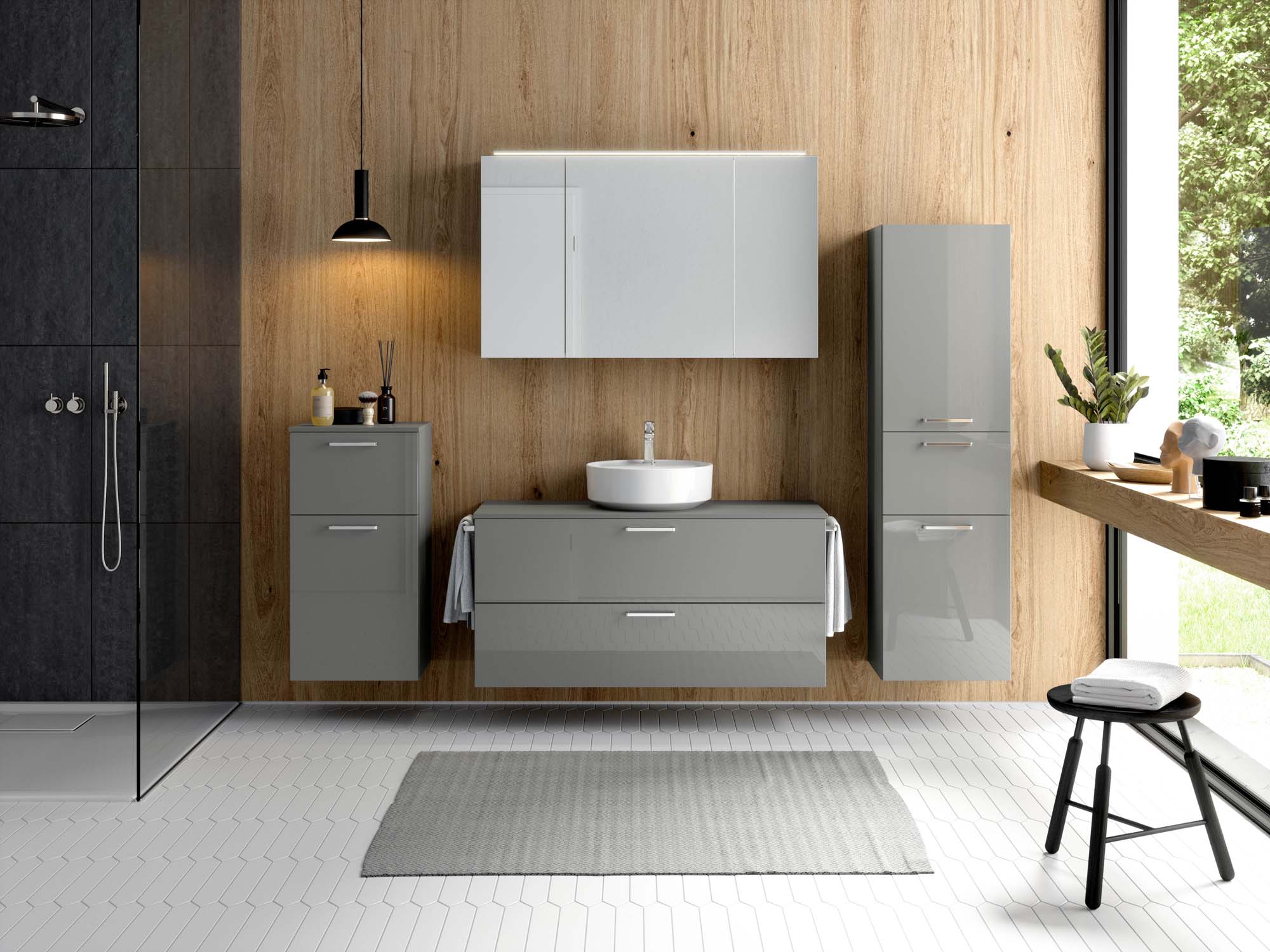 Badezimmermöbel-Set 3 Schränke grau mit Waschtisch und Spiegelschrank nobilia