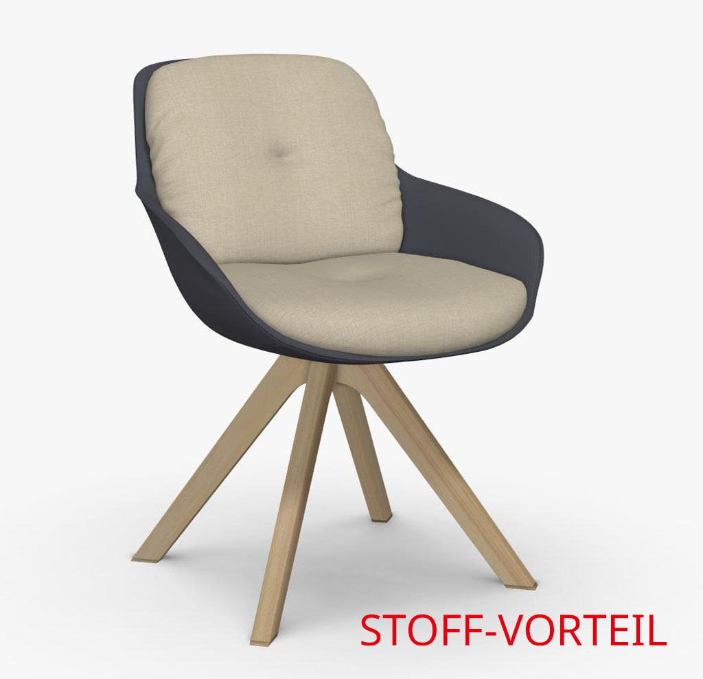 Stuhl 600 mit schwarzer Sitzschale, Holzgestell und hellem Sitzpolster