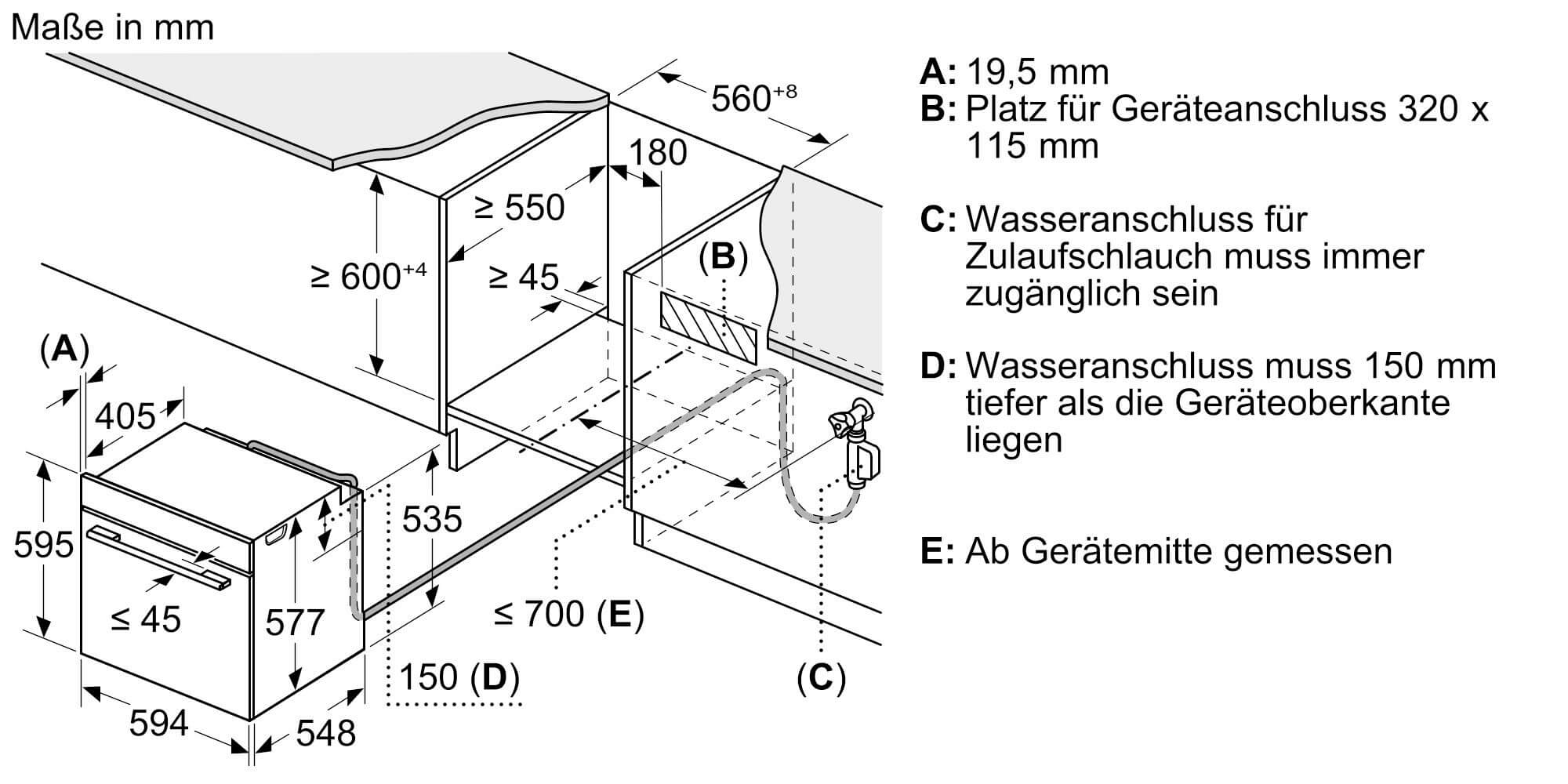 Einbauzeichnung zu Siemens Dampfbackofen HS938GDD2.