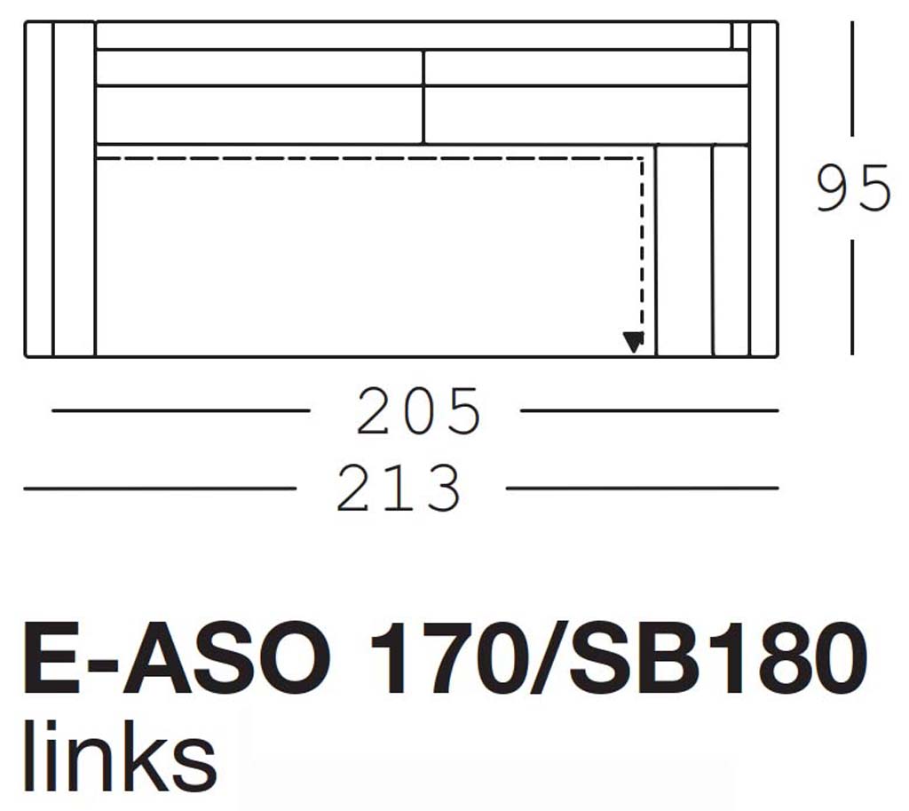 Maßzeichnung eines Sofaelements vor weißem Hintergrund freistil Rolf Benz 170