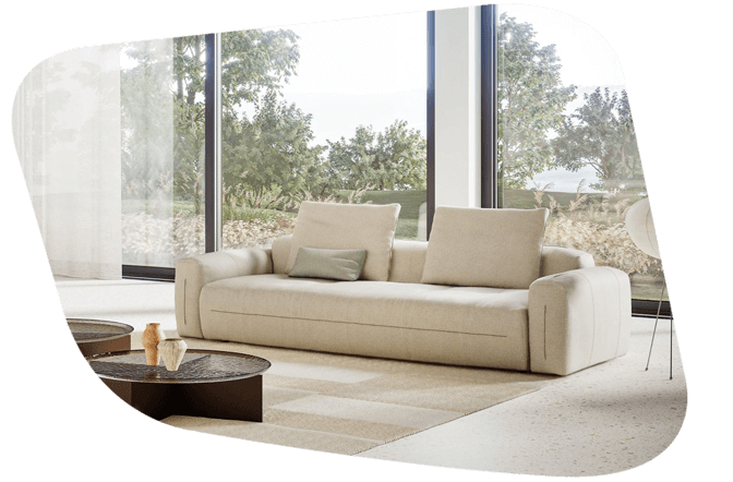 hell beige/weiße Couch mit dicker Polsterung und passenden Kissen