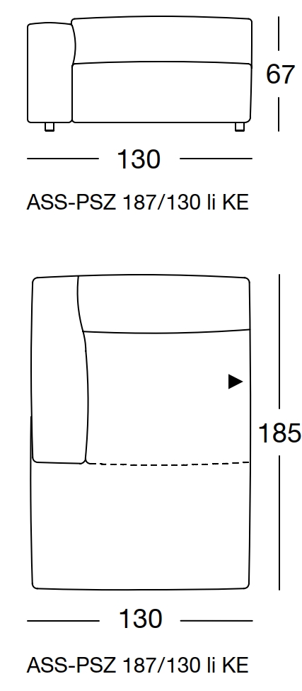Maßzeichnung eines Sofaelements vor weißem Hintergrund freistil Rolf Benz 187