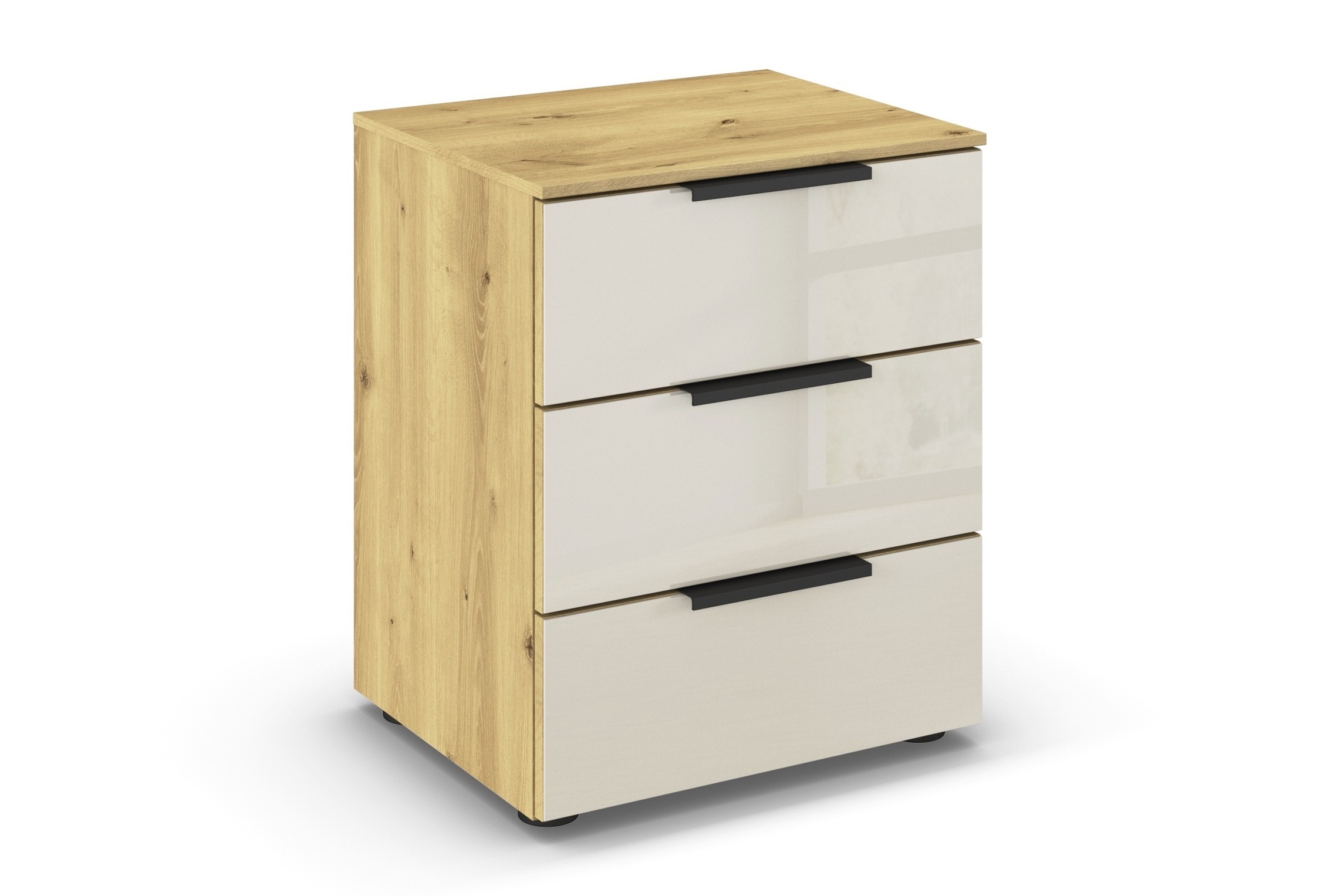 weiß, brauner Nachttisch mit drei Schubladen vor weißem Hintergrund