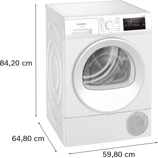 Frontansicht eines Siemens Wäschetrockners mit digitalem Display und technischen Abmessungen 84,2 cm Höhe, 59,8 cm Breite, 64,8 cm Tiefe