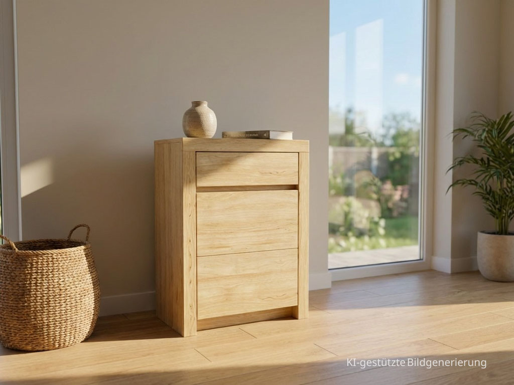 modernes braunes kleines Sideboard stilvoll dekoriert in einem hellen Raum, Bild KI generiert