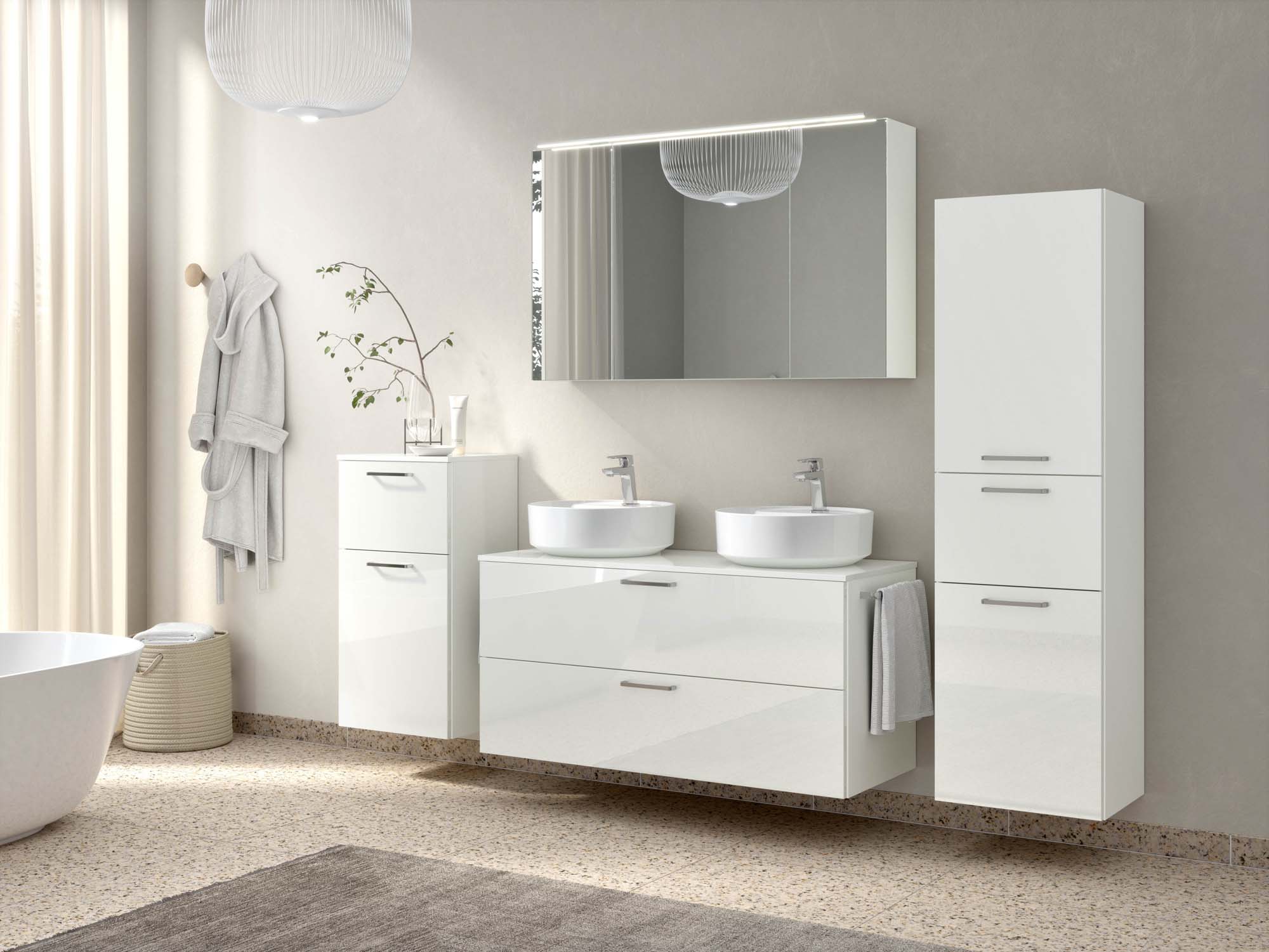 Badezimmermöbel-Set 3 Schränke weiß mit Waschtisch und Spiegelschrank nobilia