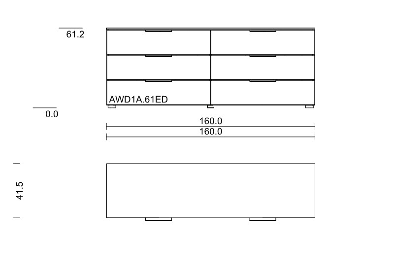 Maßzeichnung einer Kommode mit sechs Schubladen vor weißem Hintergrund