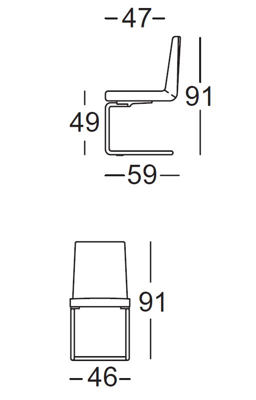 Technische Zeichnung mit Maßen: Freischwingerstuhl mit 47 cm Breite, 59 cm Tiefe und 91 cm Höhe, Sitzhöhe 49 cm, Sitzbreite 46 cm