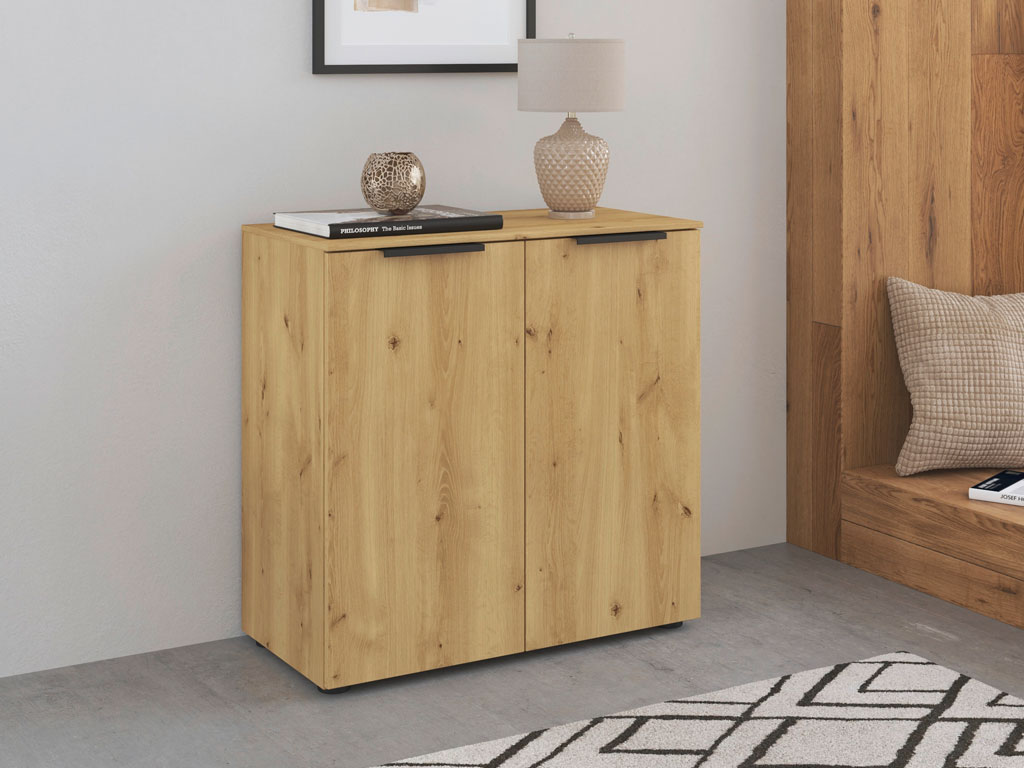 braune kommode mit zwei türen und schwarzen griffen stilvoll dekoriert in einem modernen raum