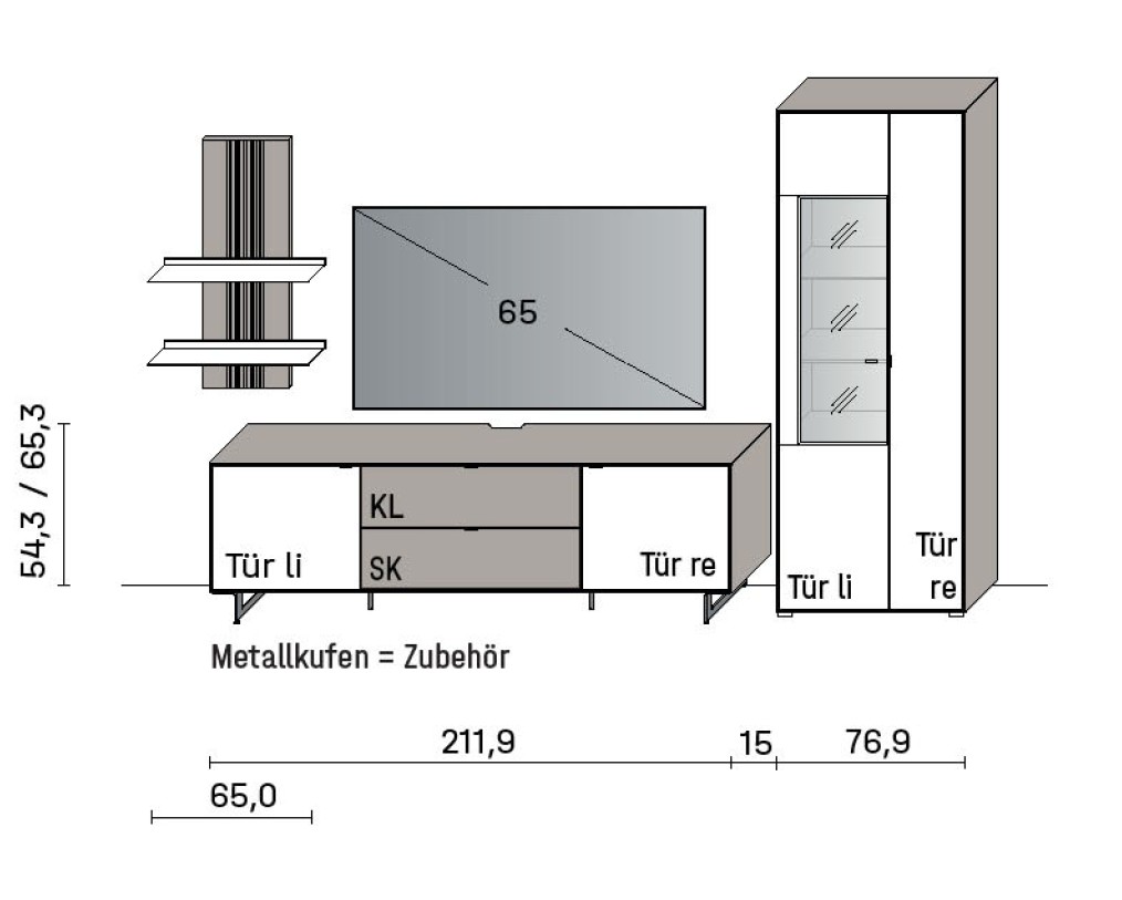 Illustration einer Wohnwand mit Maßangaben vor weißem Hintergrund