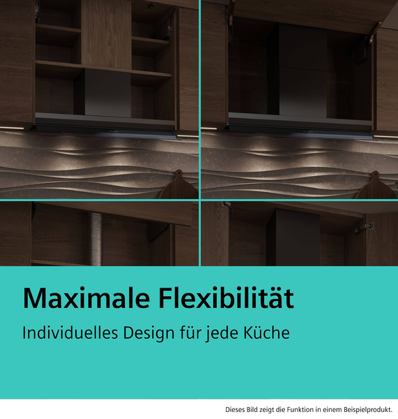 Vier Detailaufnahmen, die verschiedene Einbauoptionen der Dunstabzugshaube in Oberschränken zeigen – mit und ohne zusätzliche Regalböden sowie unterschiedliche Schachtführungen.