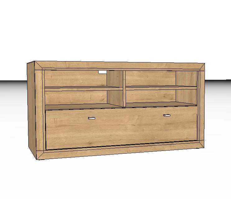 Wöstmann Aurum - Lowboard | Type 1252 / 1452 | Wildeiche massiv | 2 Größen konfigurierbar Abbildung einer Holz-Kommode mit mehreren Schubladen und offenen Regalfächern, geeignet für Wohnzimmer oder Büro.