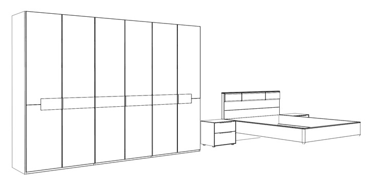 Illustration eines sechstürigen Schrankes und einem Bett mit Nachtschränken vor weißem Hintergrund