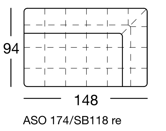 Maßzeichnung eines Sofaelements vor weißem Hintergrund