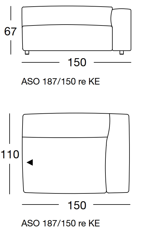 Maßzeichnung eines Sofaelements vor weißem Hintergrund freistil Rolf Benz 187