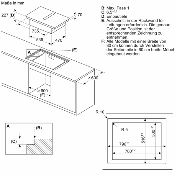 Detaillierte Einbauskizze einer Spüle mit Maßangaben in mm. Die Skizze zeigt die Einbautiefe, die Position des Ausschnitts in der Rückwand und Maße der Spüleinheit.