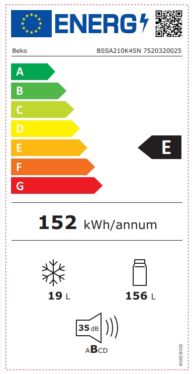 Energieetikett eines Beko Kühlschranks mit Klasse E, 152 kWh pro Jahr, 19 L Gefrierfach, 156 L Kühlteil, 35 dB Lautstärke