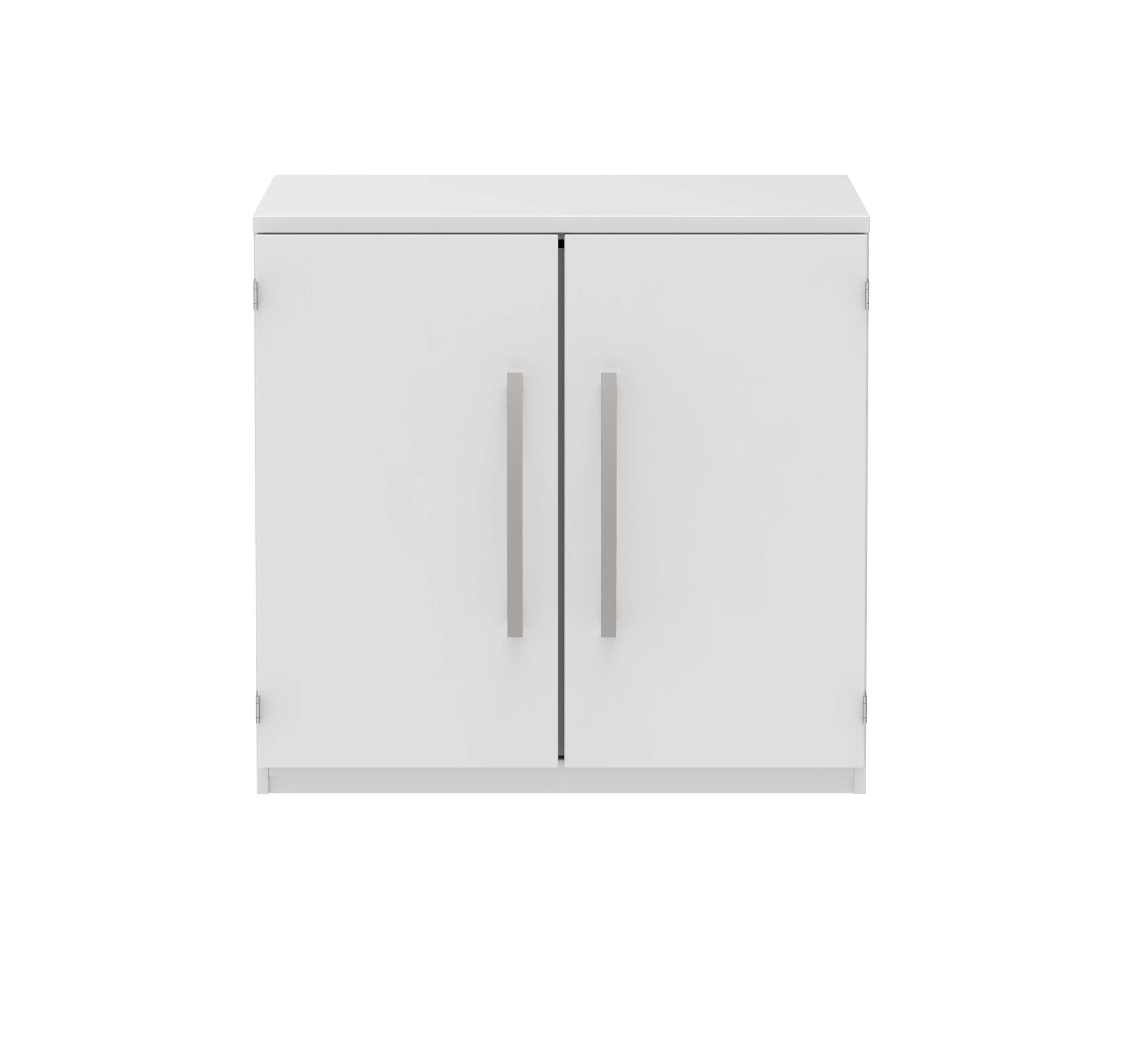 Minimalistischer weißer Schrank mit zwei Türen und grauen Griffen, ideal für moderne Inneneinrichtungen